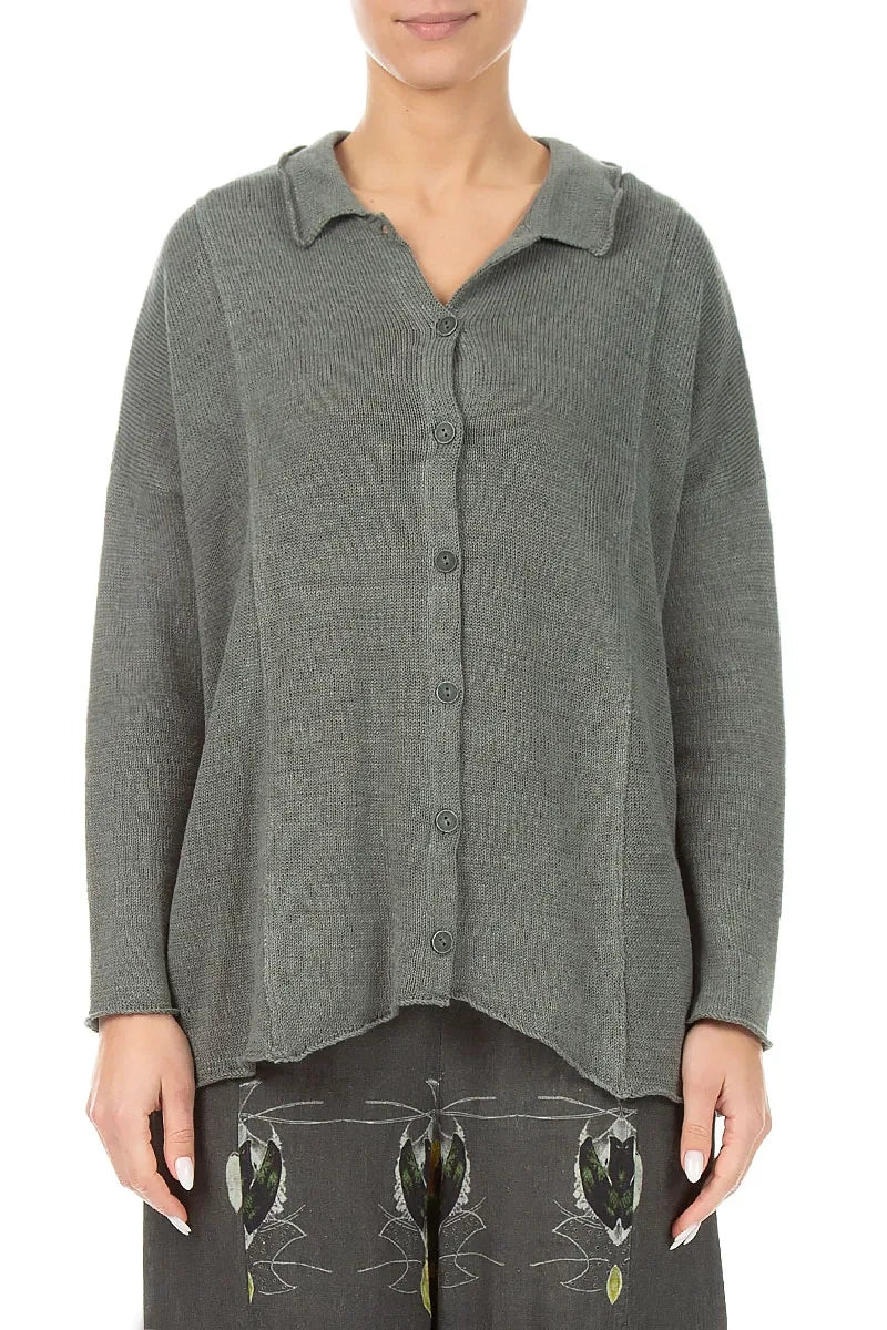 Raw Collar Grey Sage Linen Cardigan 1