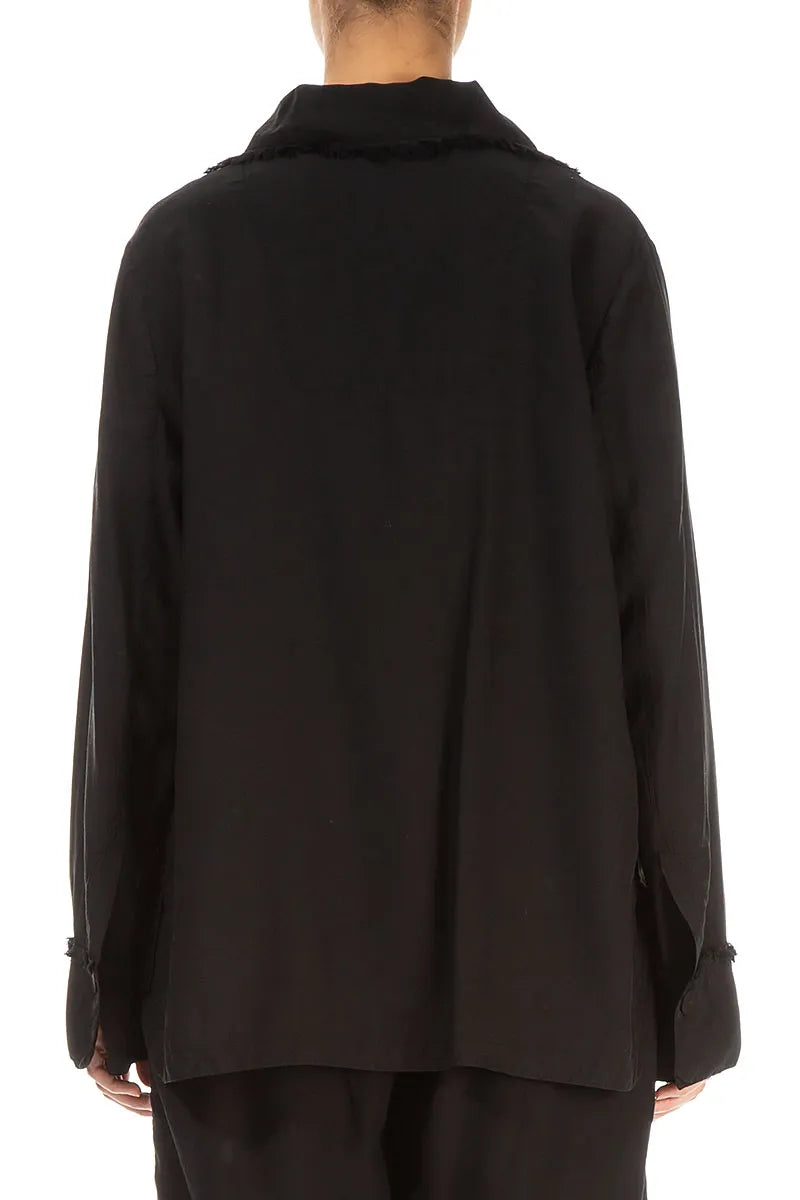 Schwarze Seiden-Bambusjacke mit offener Kante und drei Taschen