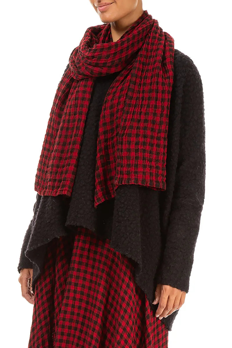 Red Check Gauze Linen Scarf 3