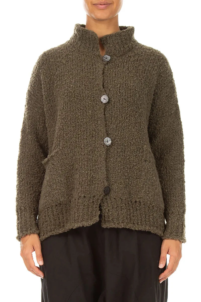 Relaxed Buttoned Moss Brown Alpaca Wool Cardigan 1