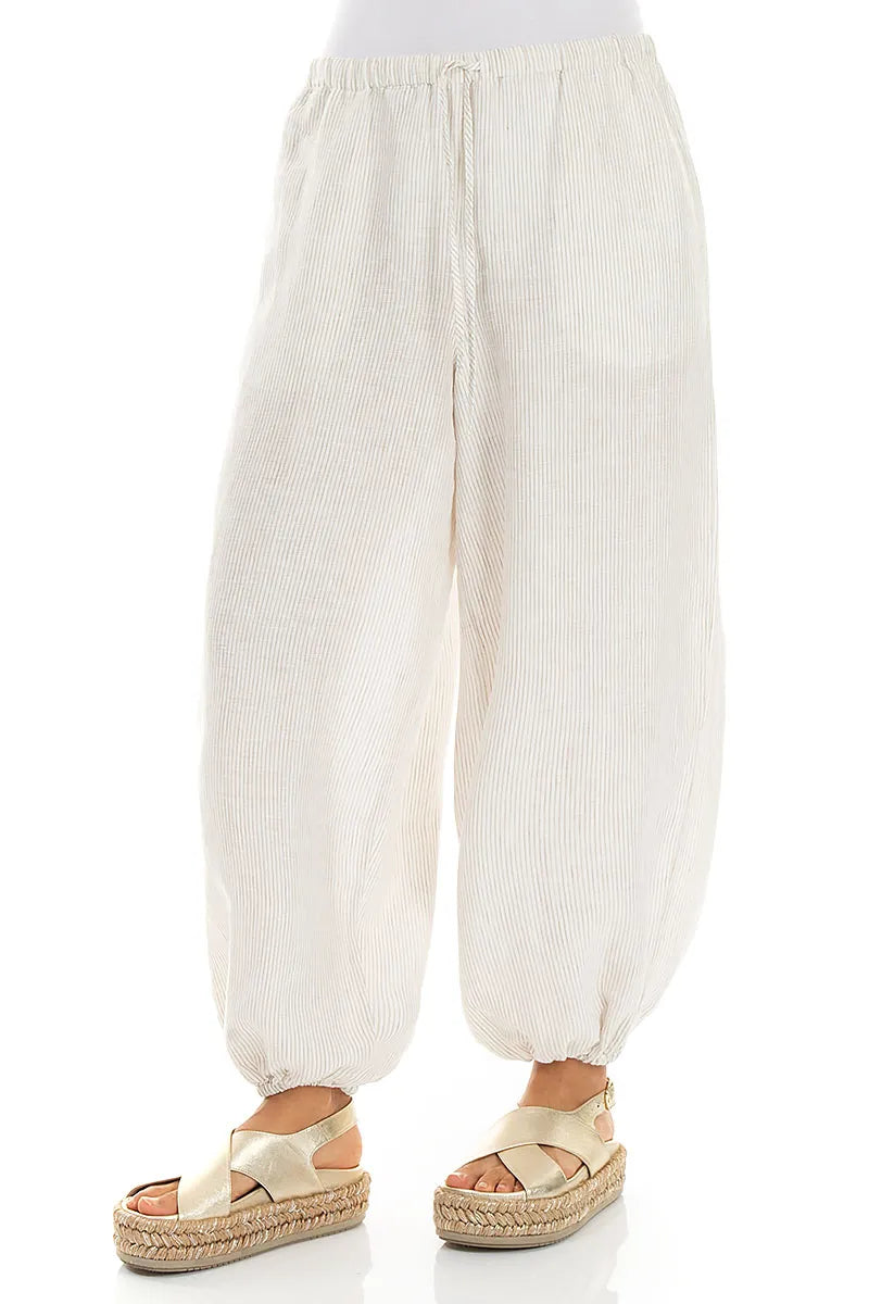 Pantalon en lin rayé naturel, coupe décontractée fuselée