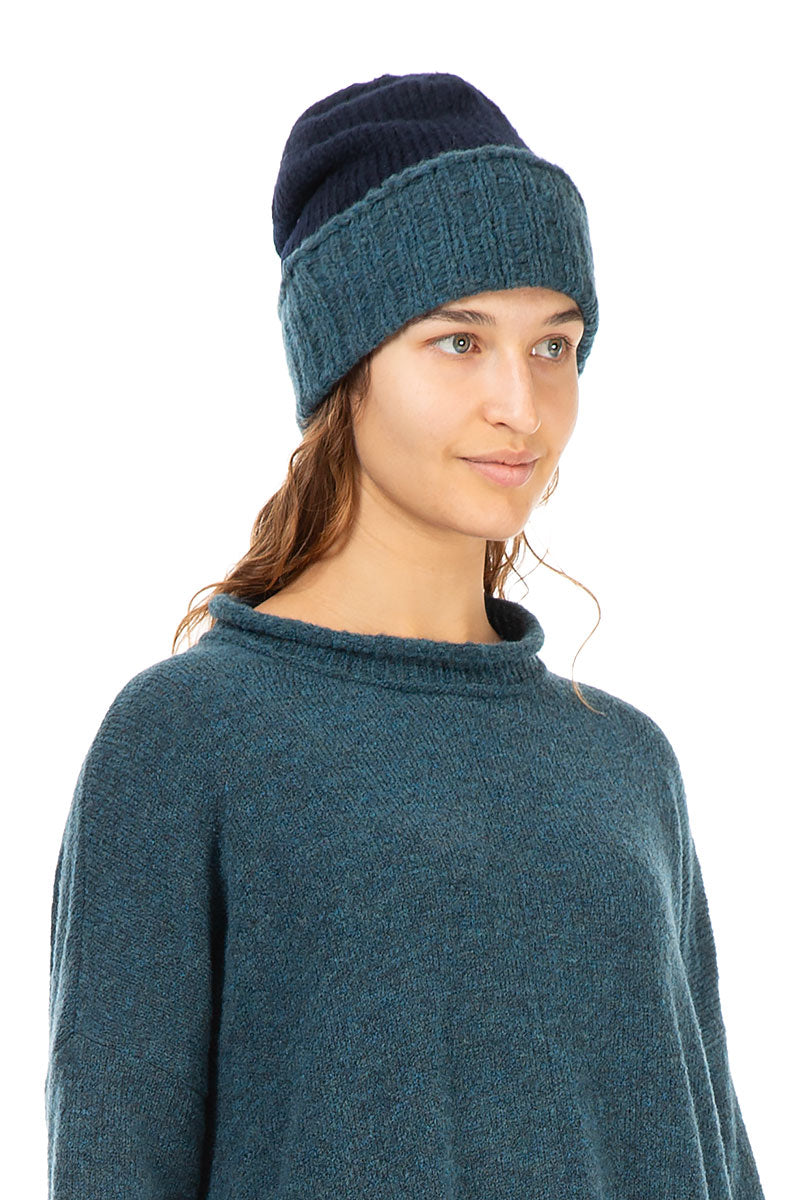 Ribbed Dual Midnight Blue Wool Beanie Hat 3