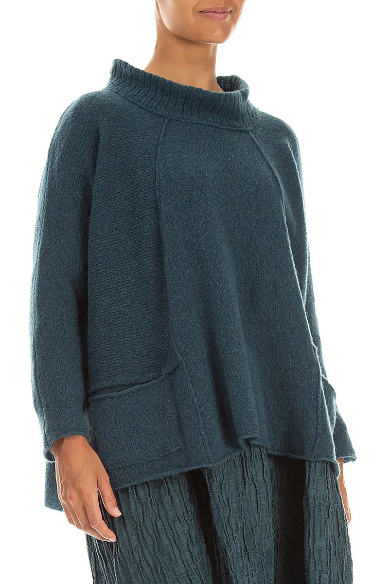 Ribbed Neck Teal Wool Sweater