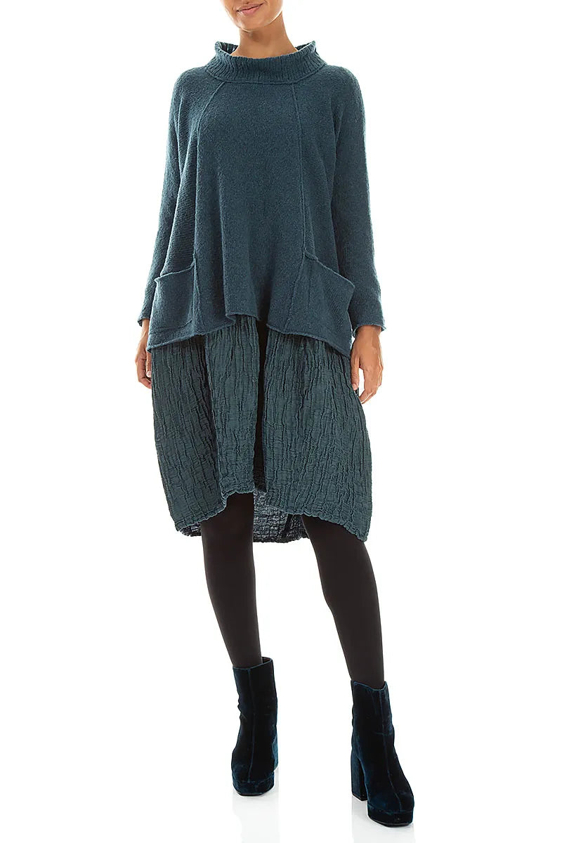 Ribbed Neck Teal Wool Sweater