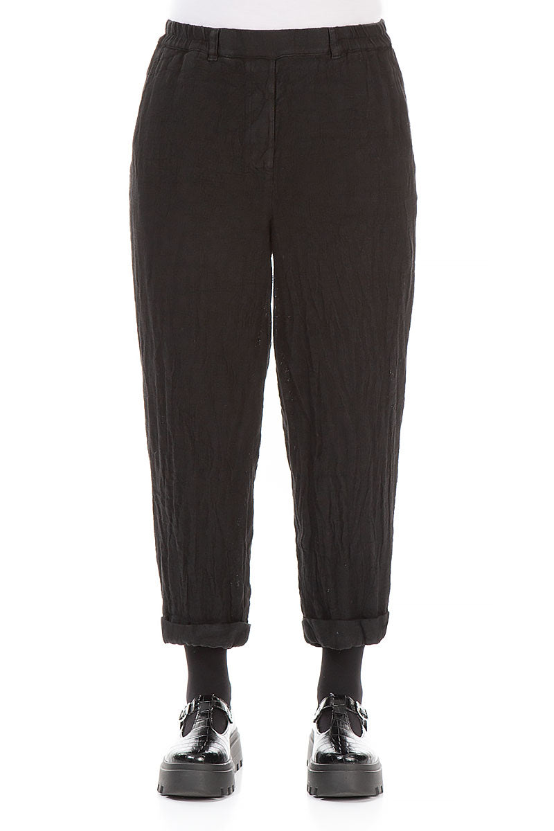 Pantalon en lin mélangé noir à revers