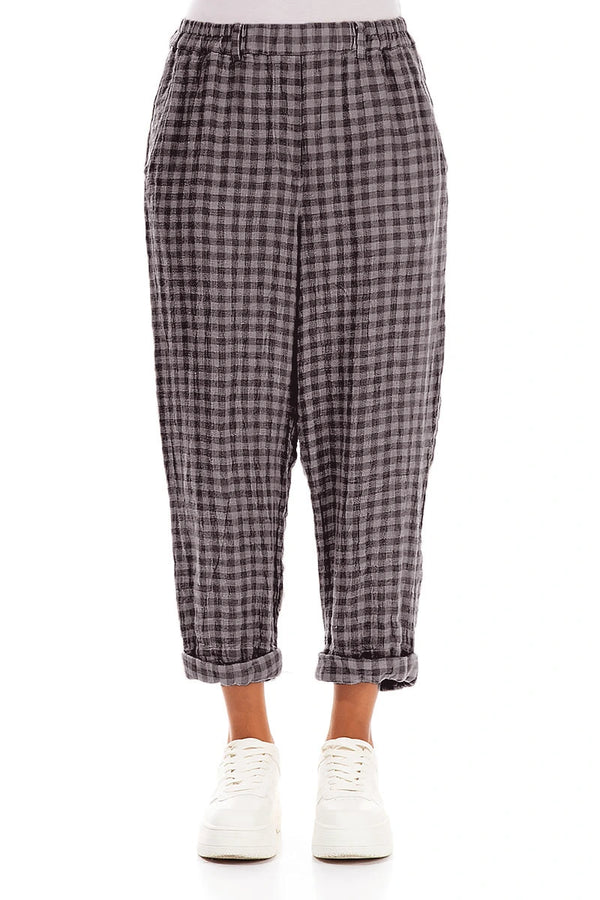 Roll Up Lilac Grey Check Linen Trousers 1