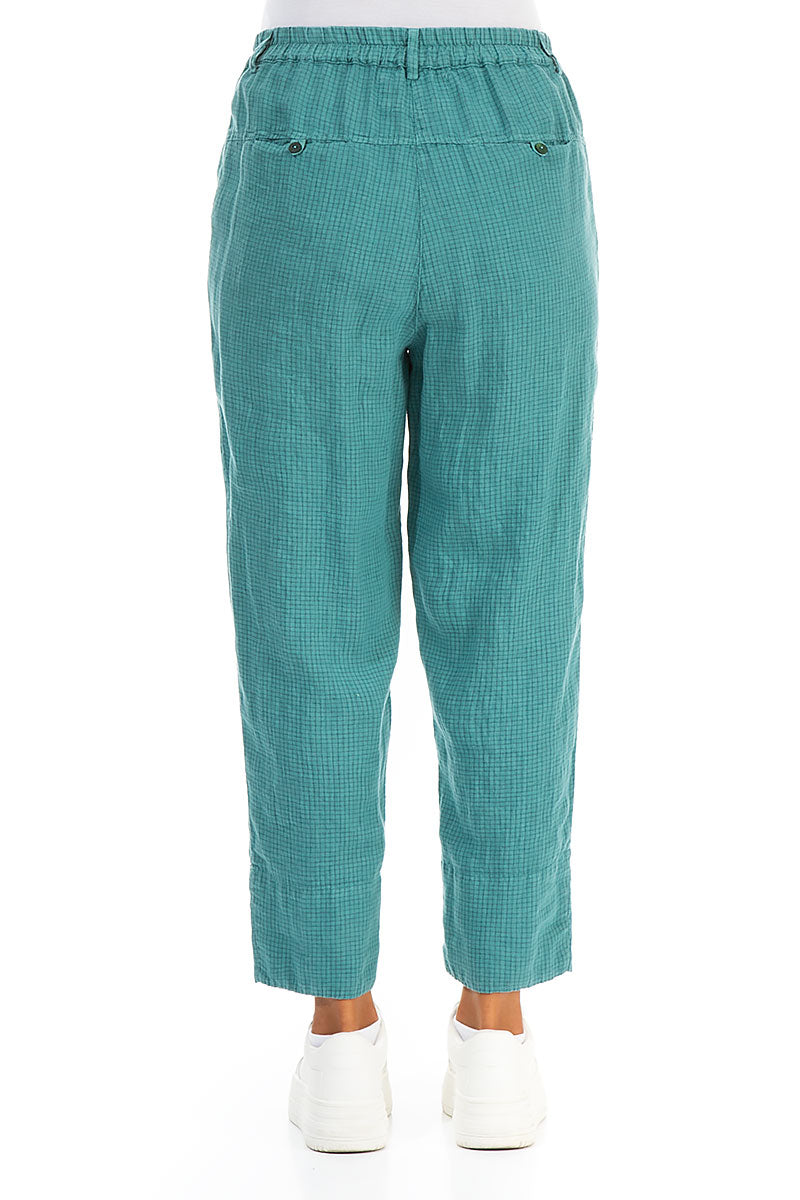 Roll Up Turquoise Grid Check Linen Trousers 2