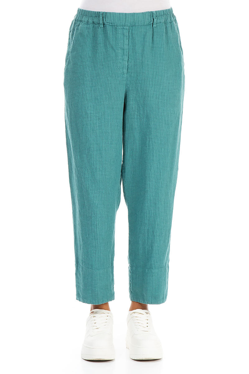 Roll Up Turquoise Grid Check Linen Trousers 1
