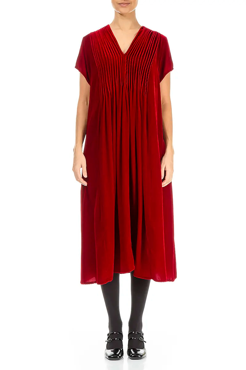 Romantic V-Neck Cherry Red Silk Velvet Dress 2