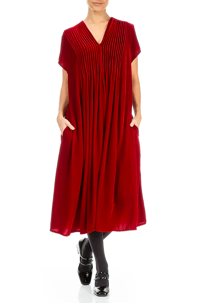 Romantic V-Neck Cherry Red Silk Velvet Dress 6