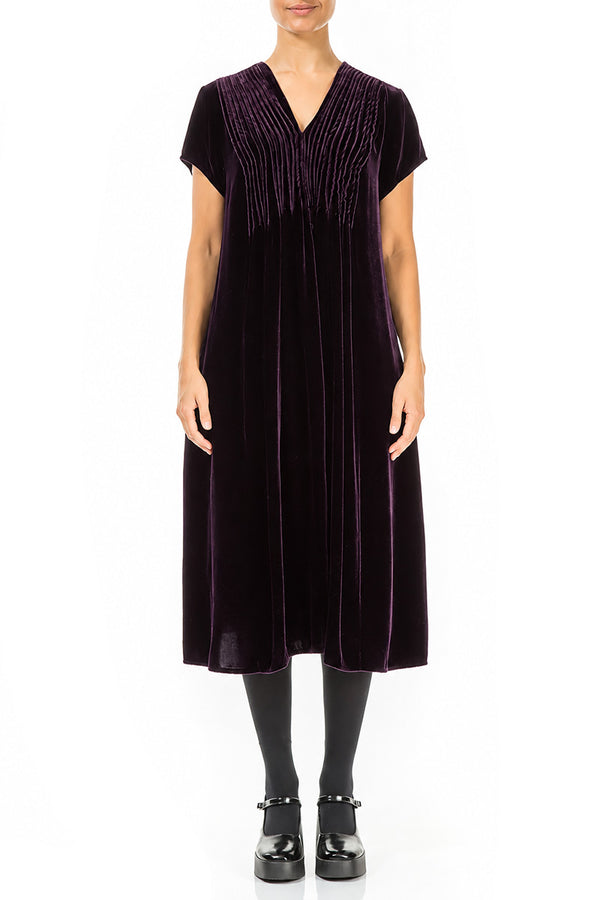 Romantic V-Neck Deep Plum Silk Velvet Dress 1
