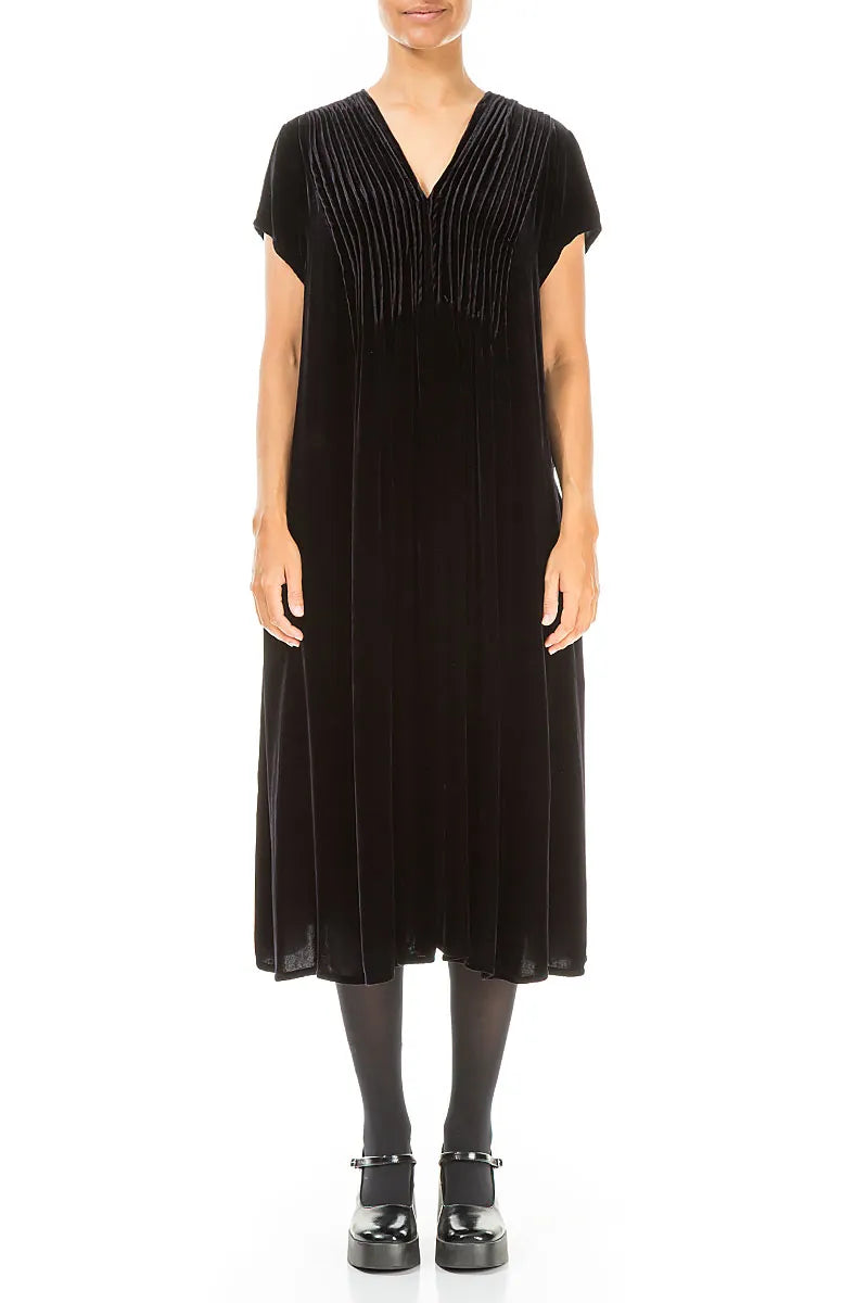 Romantic V-Neck Slate Blue Silk Velvet Dress 1