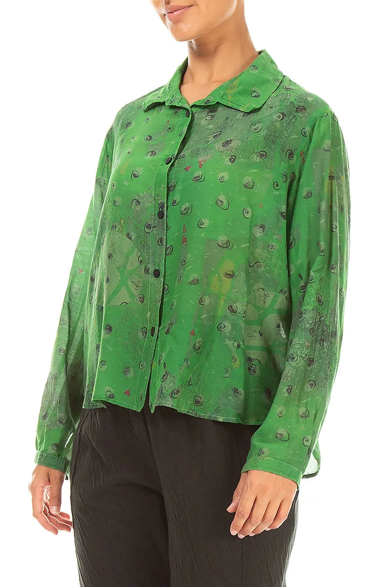 Rounded Hem Shamrock Green Meadow Silk Cotton Shirt