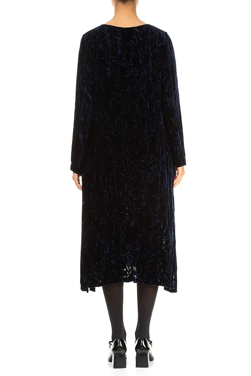 Royal Blue Devoré Feather Crumpled Silk Velvet Dress