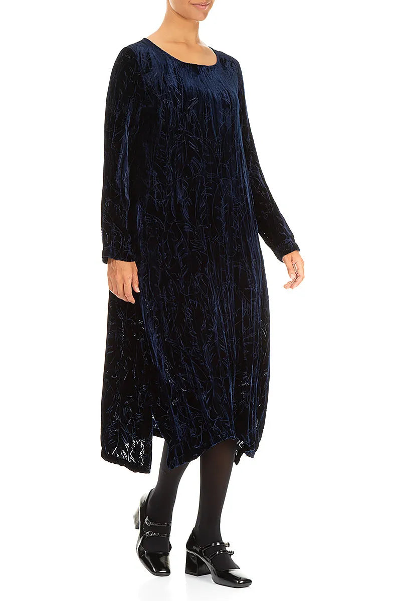 Royal Blue Devoré Feather Crumpled Silk Velvet Dress