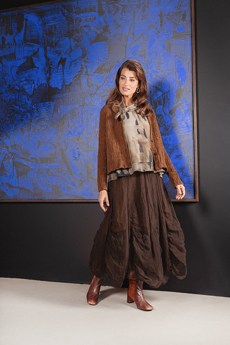 Ruched Aged Copper Silk Chiffon Skirt