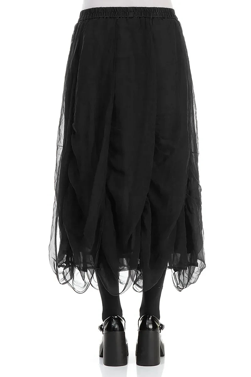 Ruched Black Silk Chiffon Skirt