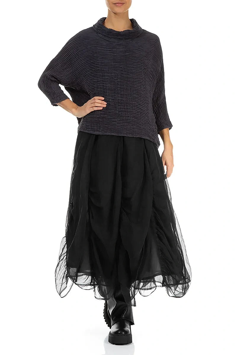 Ruched Black Silk Chiffon Skirt