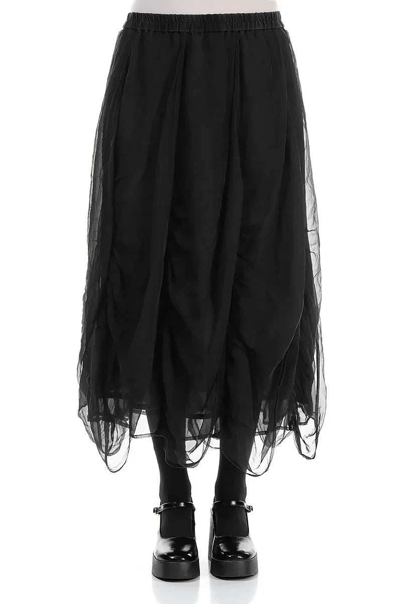 Ruched Black Silk Chiffon Skirt