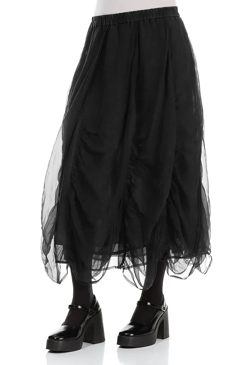 Ruched Black Silk Chiffon Skirt