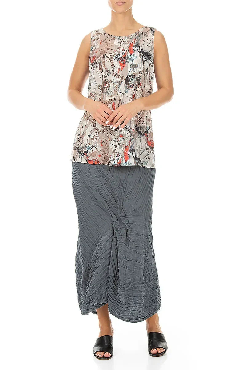Ruched Crinkled Graphite Silk Linen Skirt