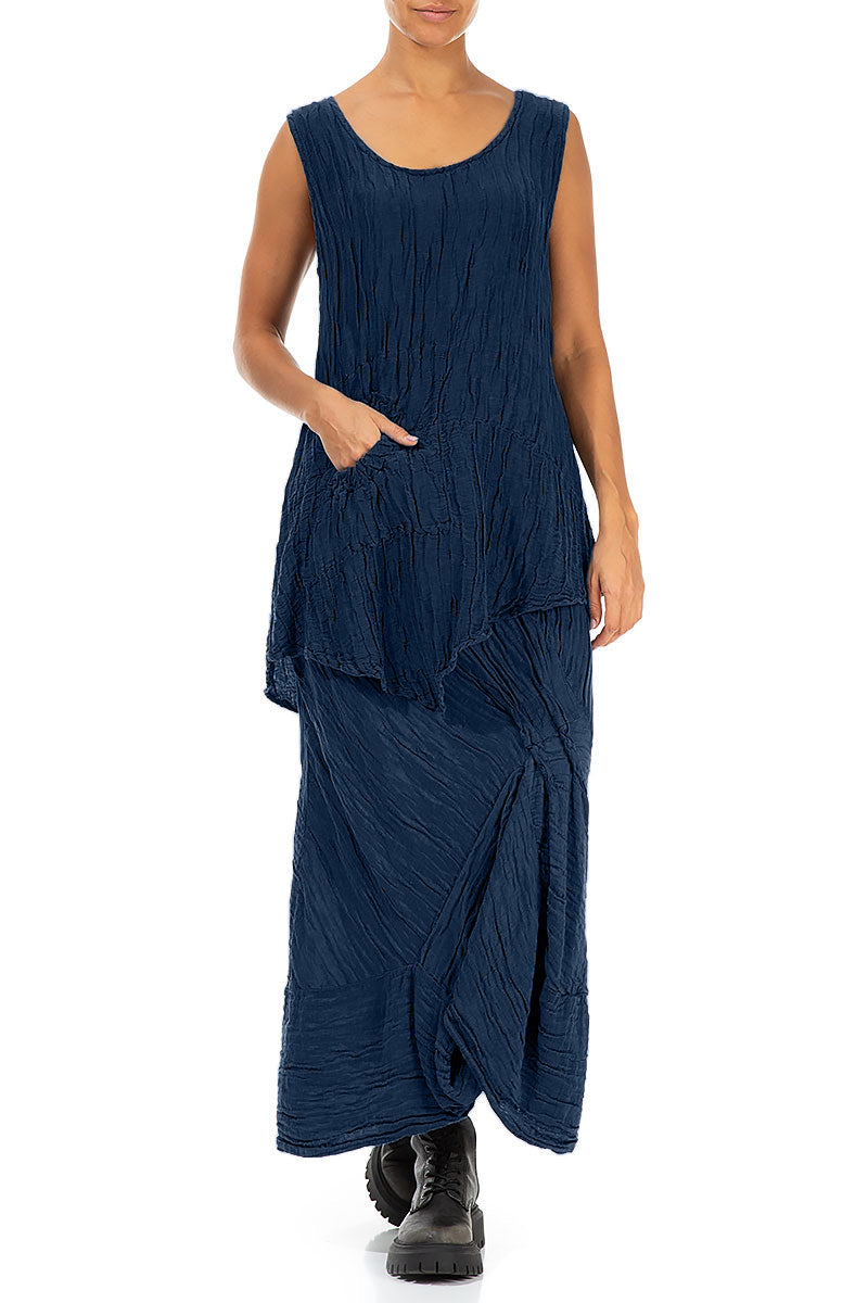 Ruched Crinkled Royal Blue Silk Linen Skirt 4