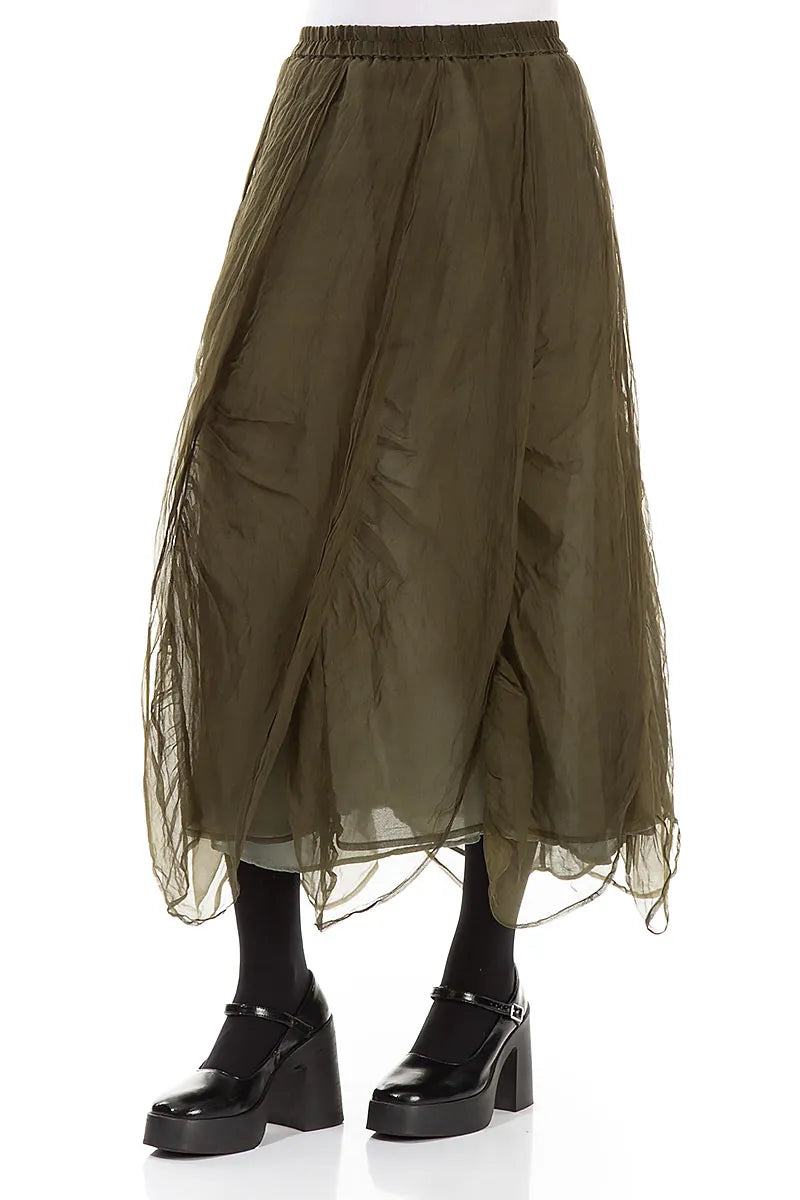 Ruched Forest Mist Silk Chiffon Skirt
