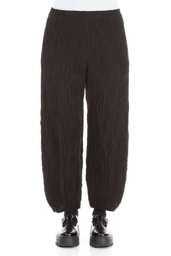 Ruched Hem Black Crinkled Silk Linen Trousers 1