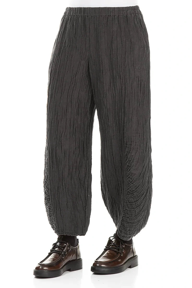 Ruched Hem Charcoal Crinkled Silk Linen Trousers