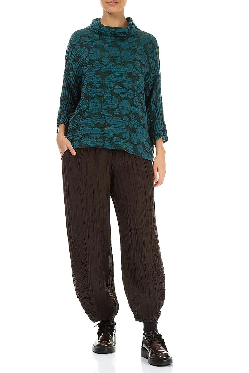 Ruched Hem Forest Brown Crinkled Silk Linen Trousers 4