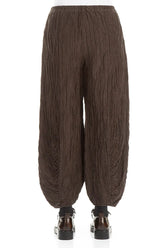 Ruched Hem Forest Brown Crinkled Silk Linen Trousers 2