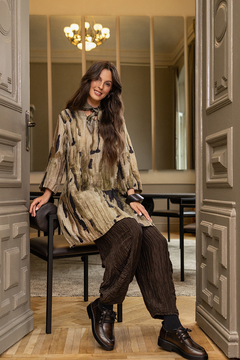 Ruched Hem Forest Brown Crinkled Silk Linen Trousers 1