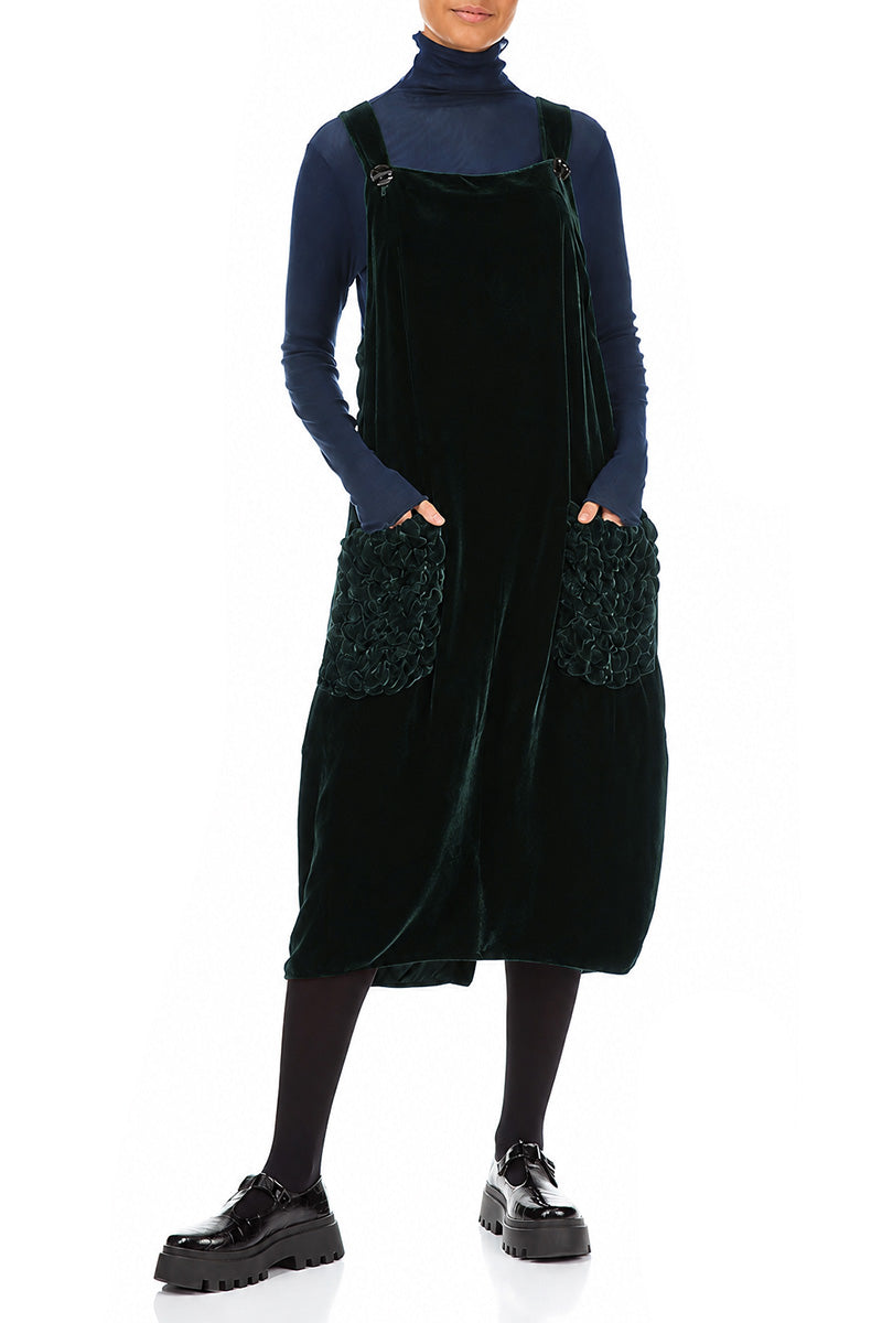 Ruched Pockets Deep Turquoise Silk Velvet Dungaree Dress