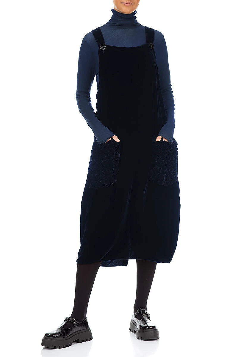 Ruched Pockets Royal Blue Silk Velvet Dungaree Dress