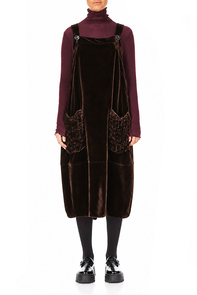 Ruched Pockets Truffle Brown Silk Velvet Dungaree Dress