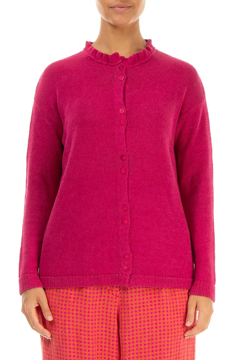 Ruffle Neck Fuchsia Linen Cardigan 1