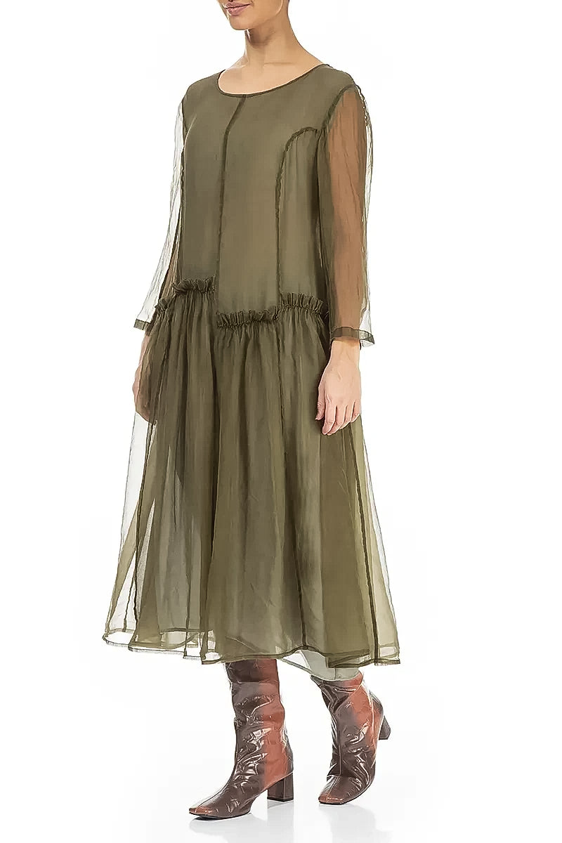 Ruffled Forest Mist Silk Chiffon Dress 4