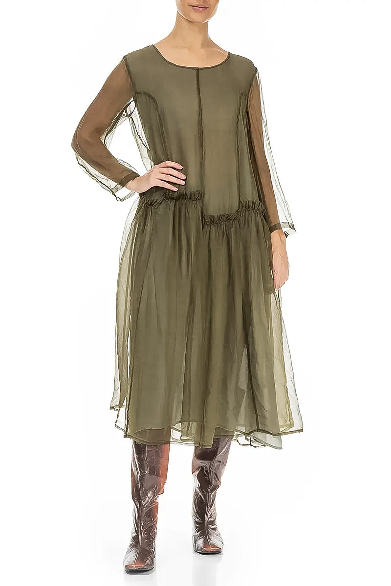 Ruffled Forest Mist Silk Chiffon Dress 5