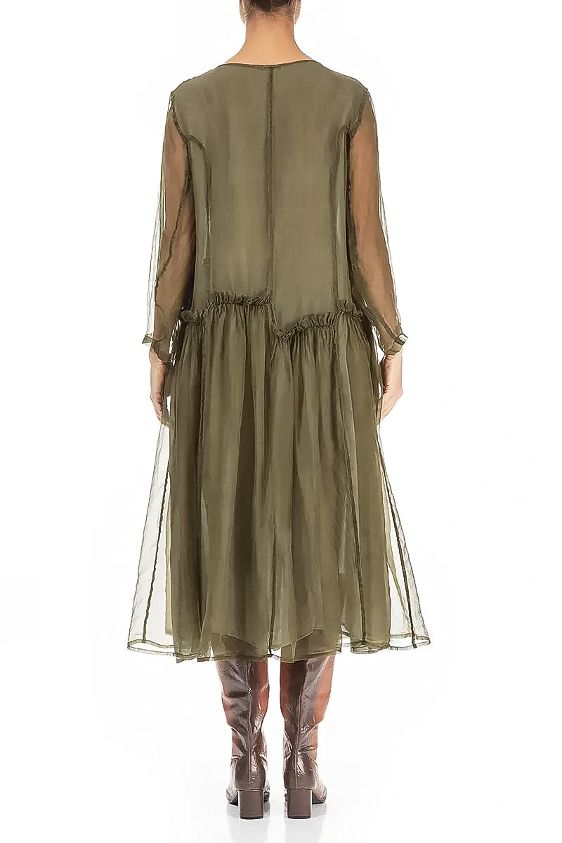 Ruffled Forest Mist Silk Chiffon Dress 3