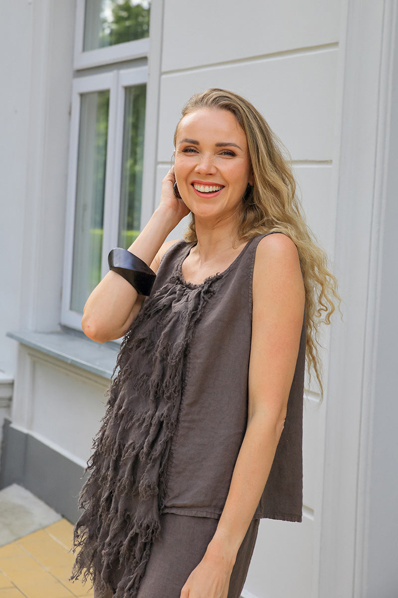 Ruffled Fringed Truffle Linen Blouse 7