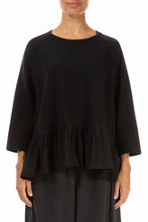 Ruffled Hem Black Cotton Blouse 1