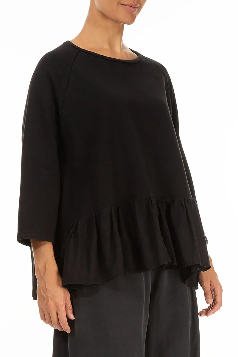 Ruffled Hem Black Cotton Blouse