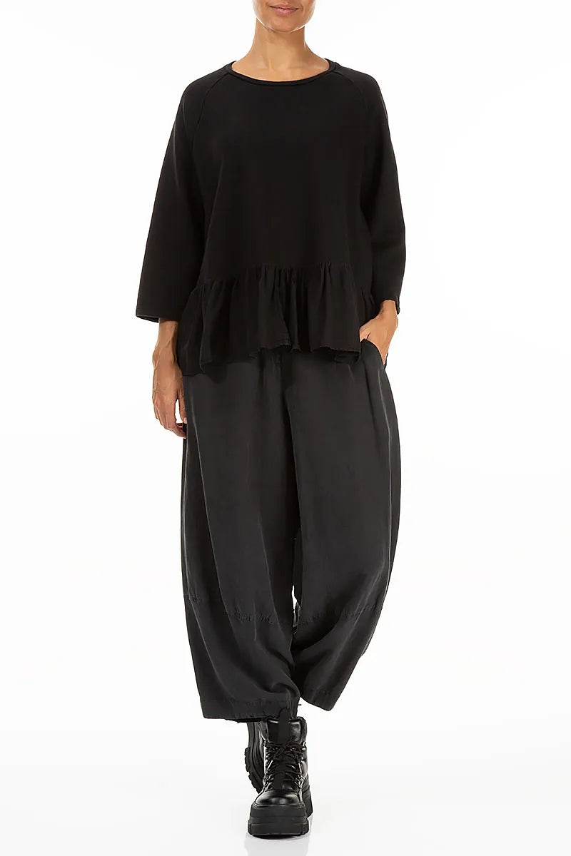 Ruffled Hem Black Cotton Blouse