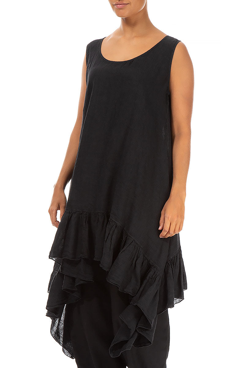 Ruffled Hem Sleeveless Black Linen Tunic Dress 3