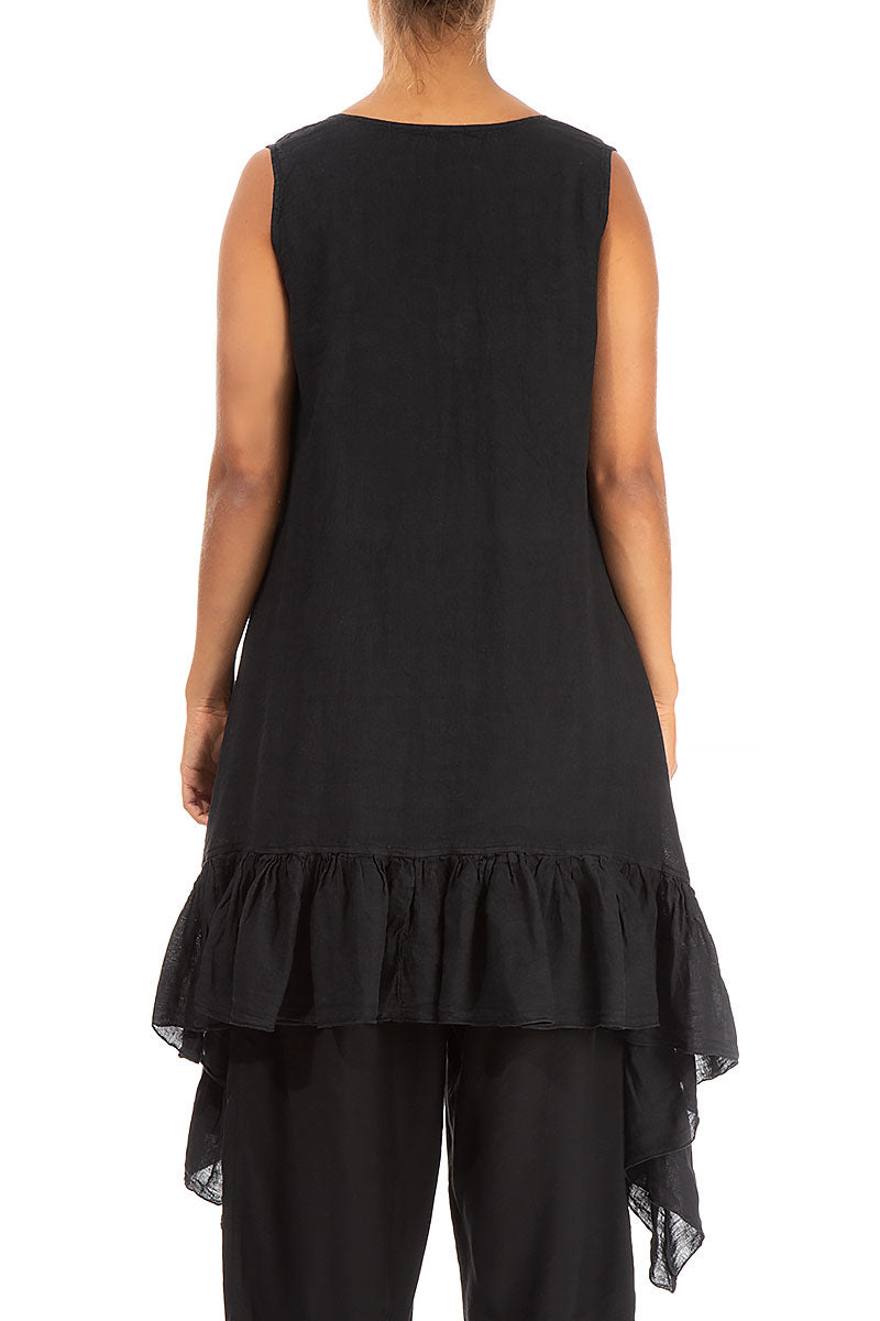 Ruffled Hem Sleeveless Black Linen Tunic Dress 2