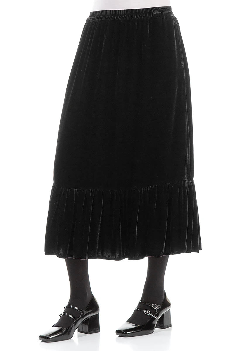 Ruffled Hemline Black Silk Velvet Skirt