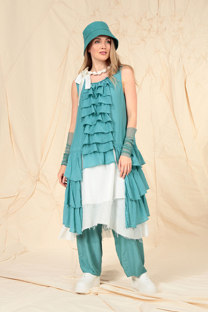 Ruffled Layered Turquoise Silk Cotton Tunic 7