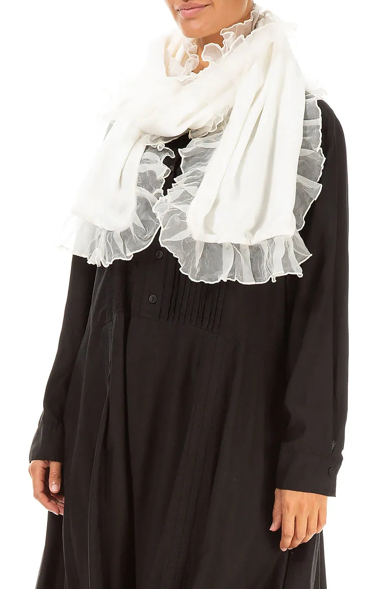 Ruffled Off White Silk Velvet Scarf 3