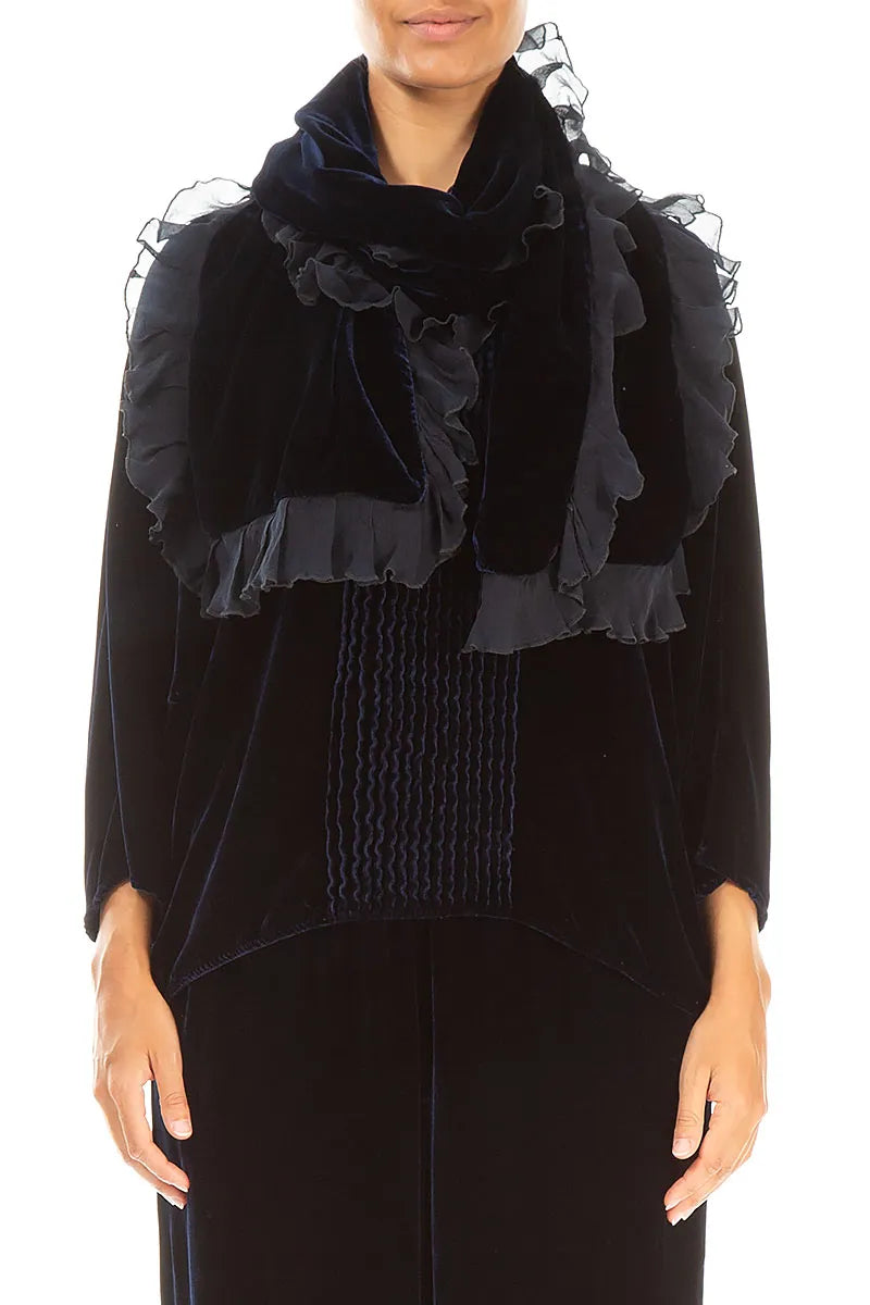 Ruffled Royal Blue Silk Velvet Scarf