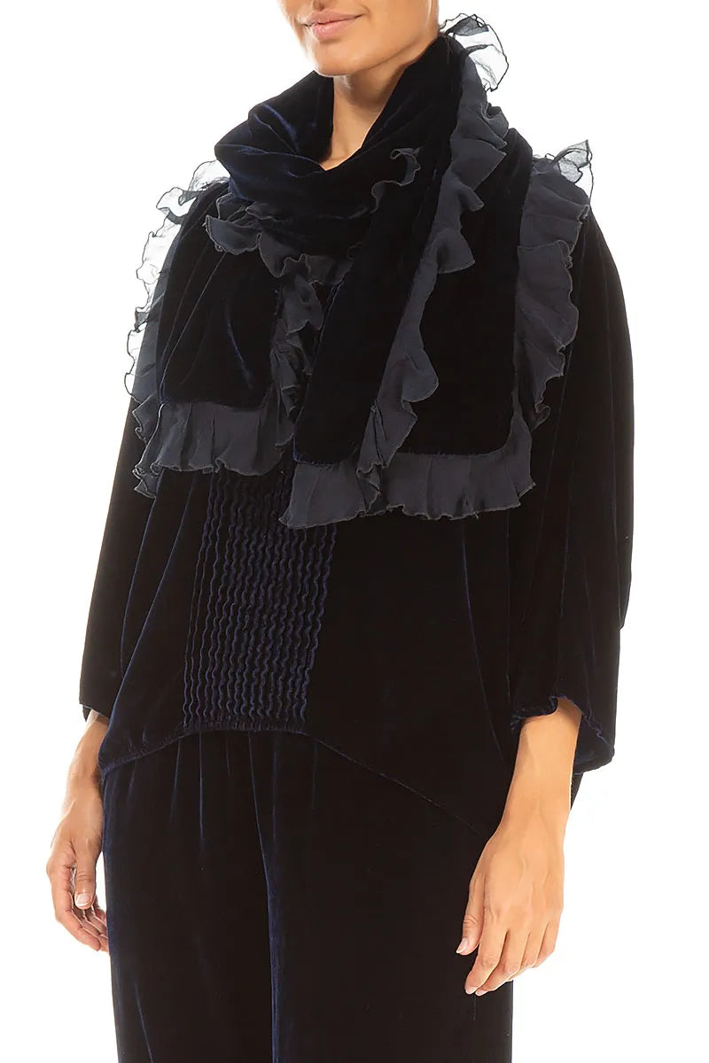 Ruffled Royal Blue Silk Velvet Scarf